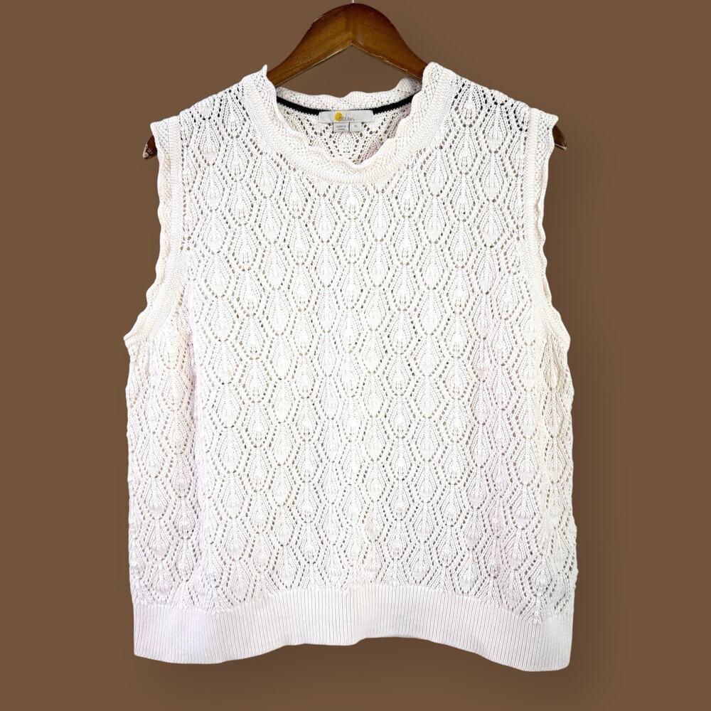 Boden White Pointelle Knit Sweater Vest XL Sleeveless Pullover 100% Cotton Boho